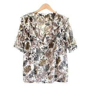 Allison New York Anthropologie Floral Ruffle Pom Pom V-Neck Blouse